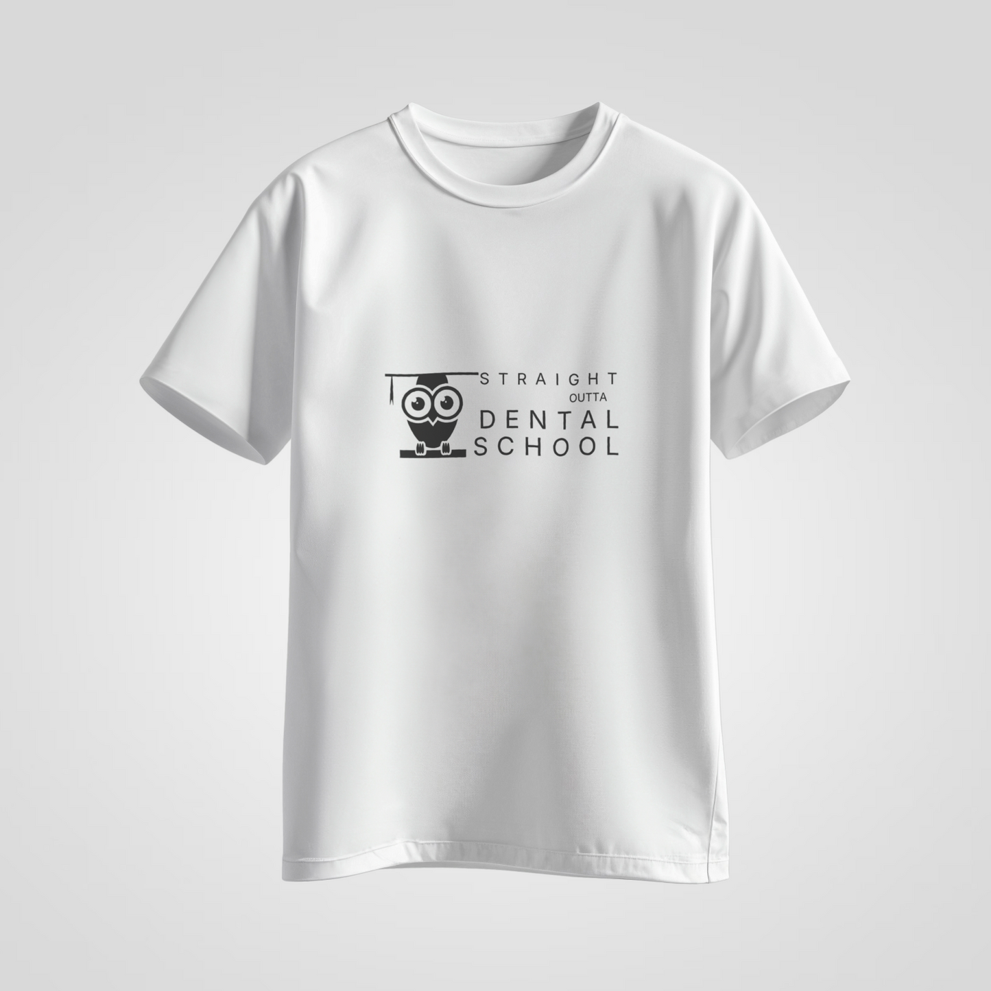 White t-shirt with black graphic and text on a light gray background