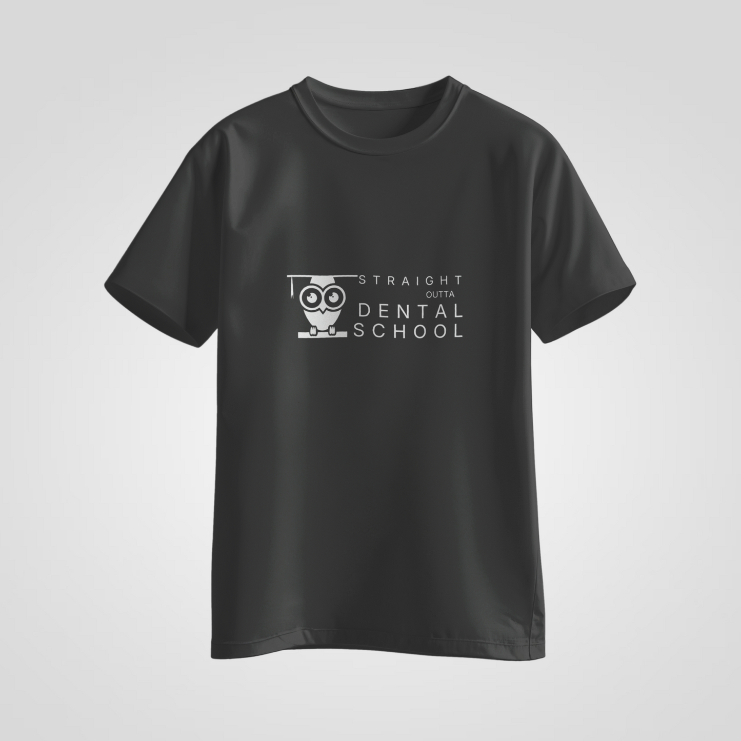 Black t-shirt with 'Straight Outta Dental School' text and owl graphic on a light gray background