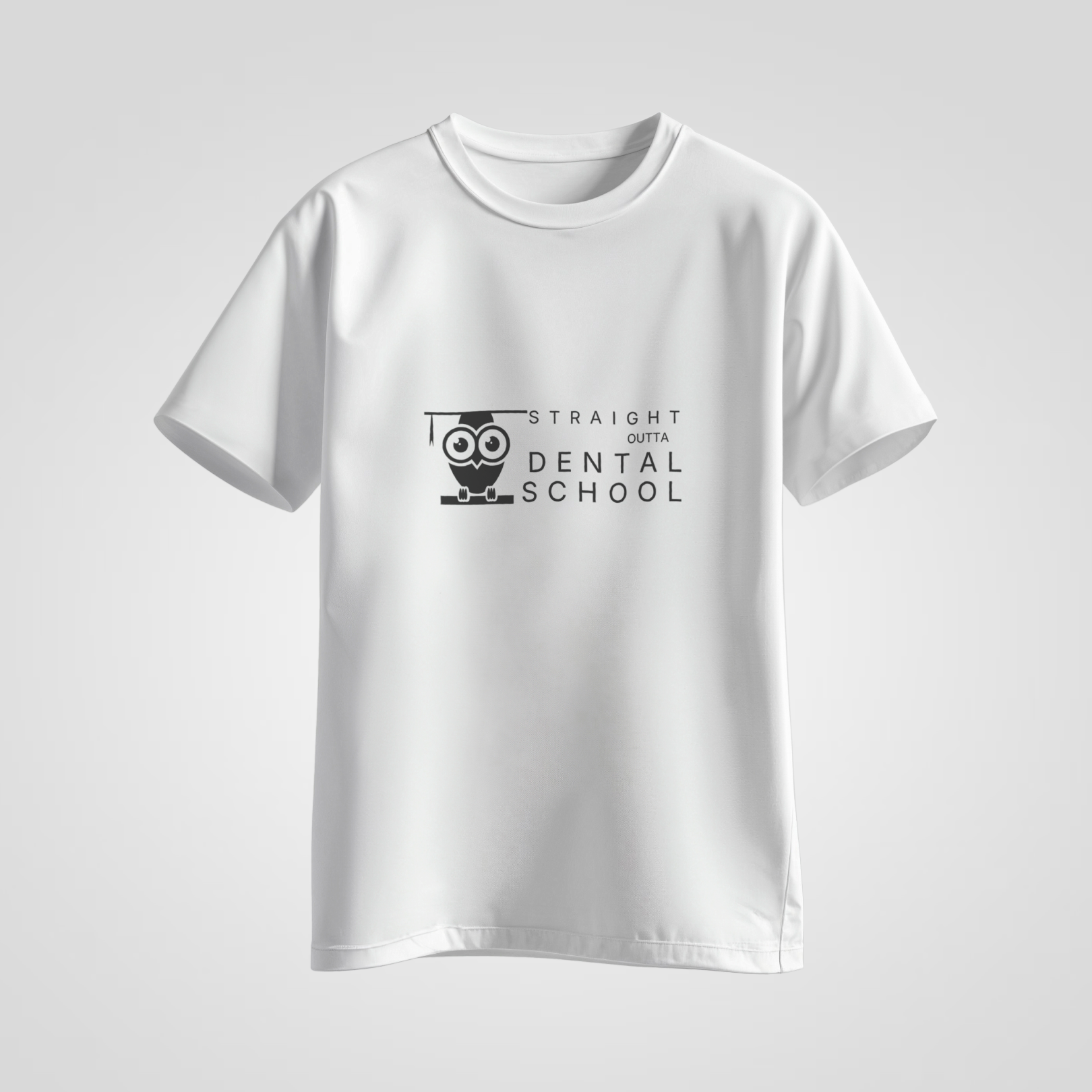 White t-shirt with black graphic and text on a light gray background